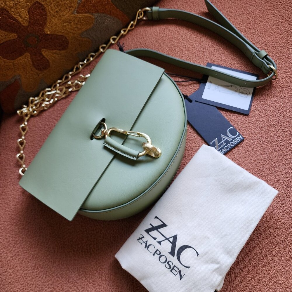 NWT! Zac Posen Sage Green Leather BELAY Shoulder/Crossbody Bag W/Goldtone Chain